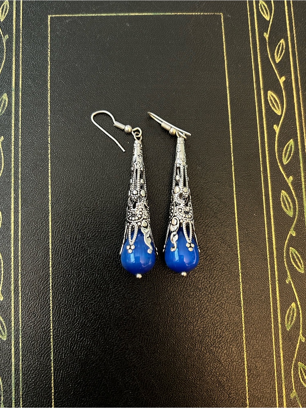 Cobalt Blue Teardrop Dangke Womens Earrings Silver-Tone Setting Accessory